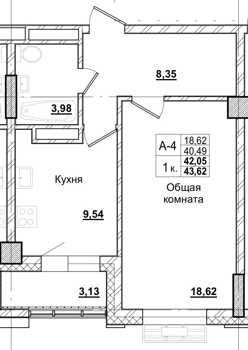 1 комн., 42.05 м²