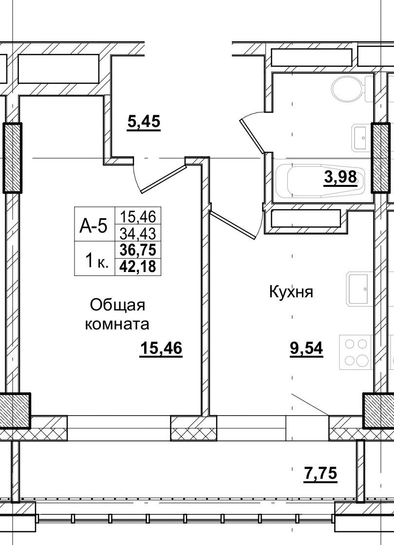 1 комн., 36.75 м²