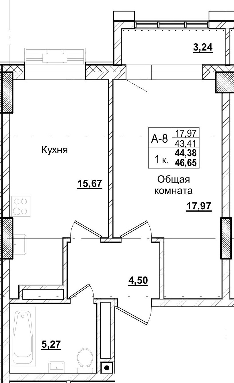 1 комн., 44.38 м²