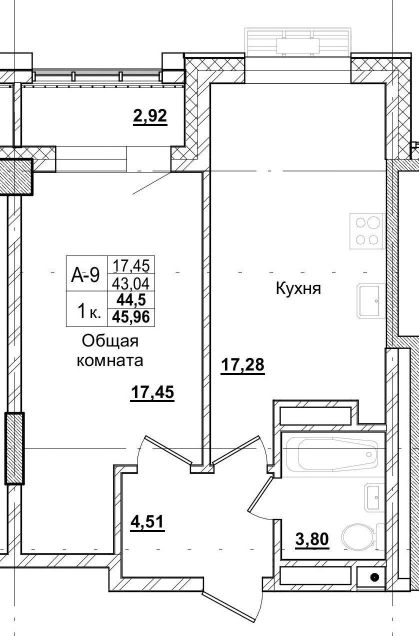 1 комн., 44.50 м²