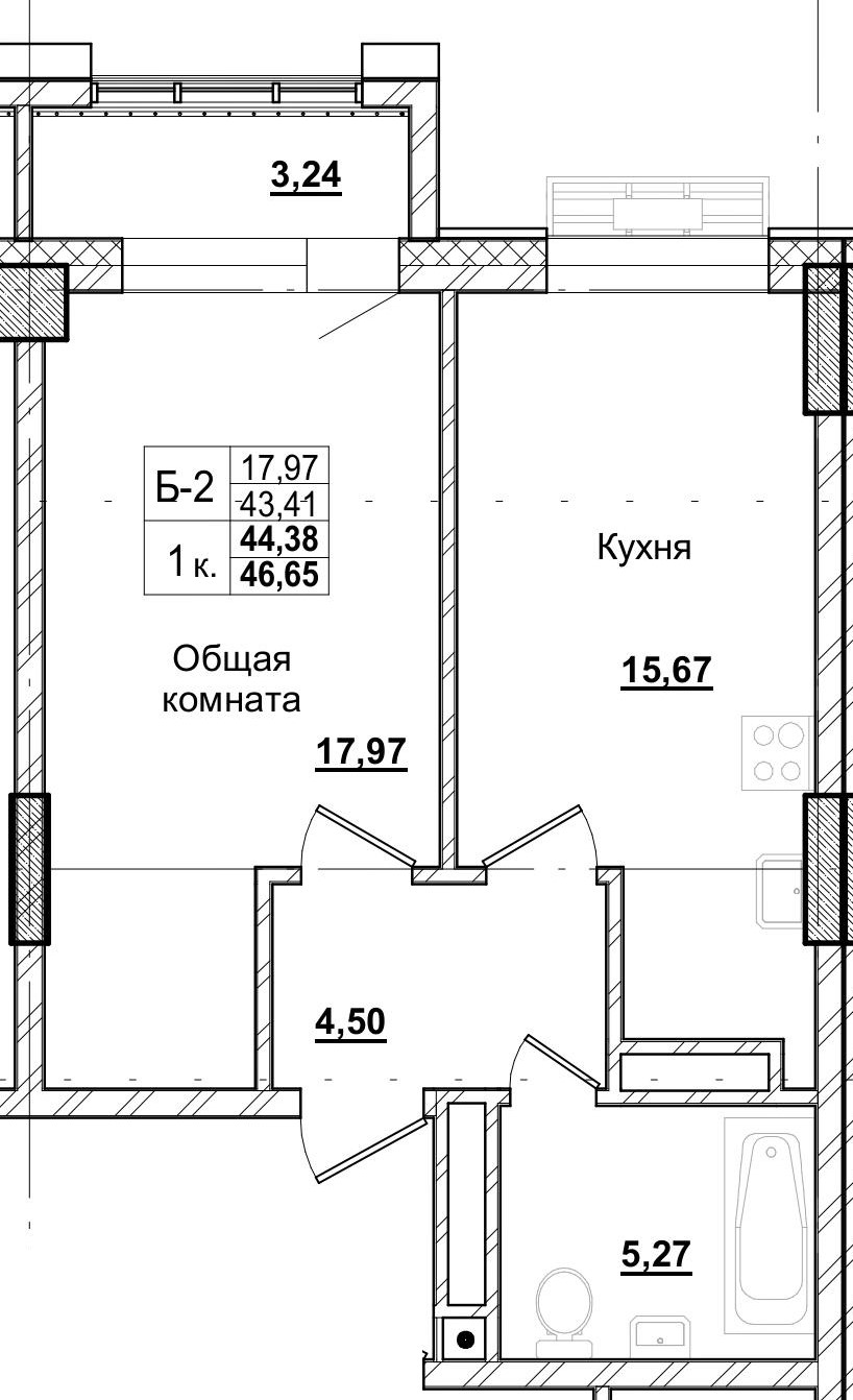 1 комн., 44.38 м²