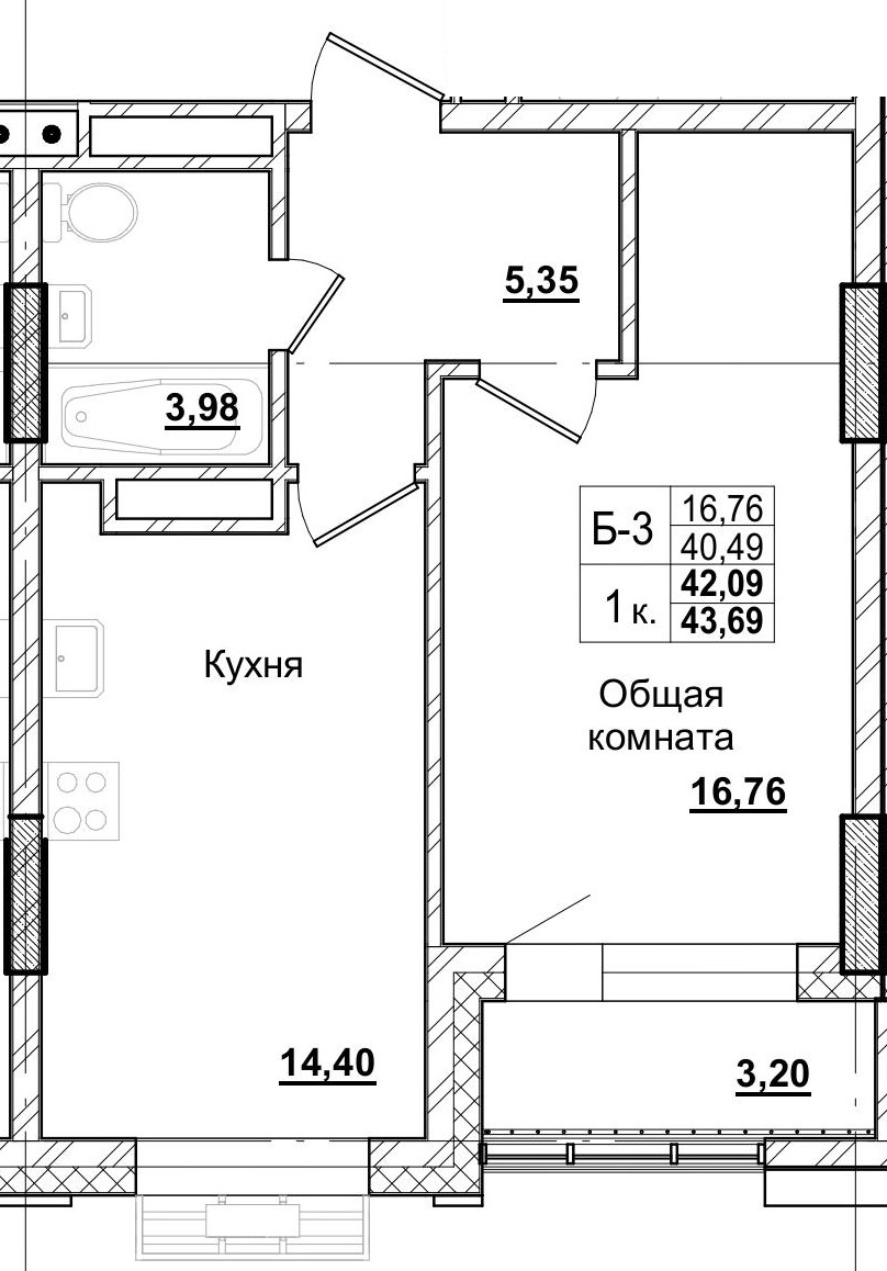 1 комн., 42.09 м²
