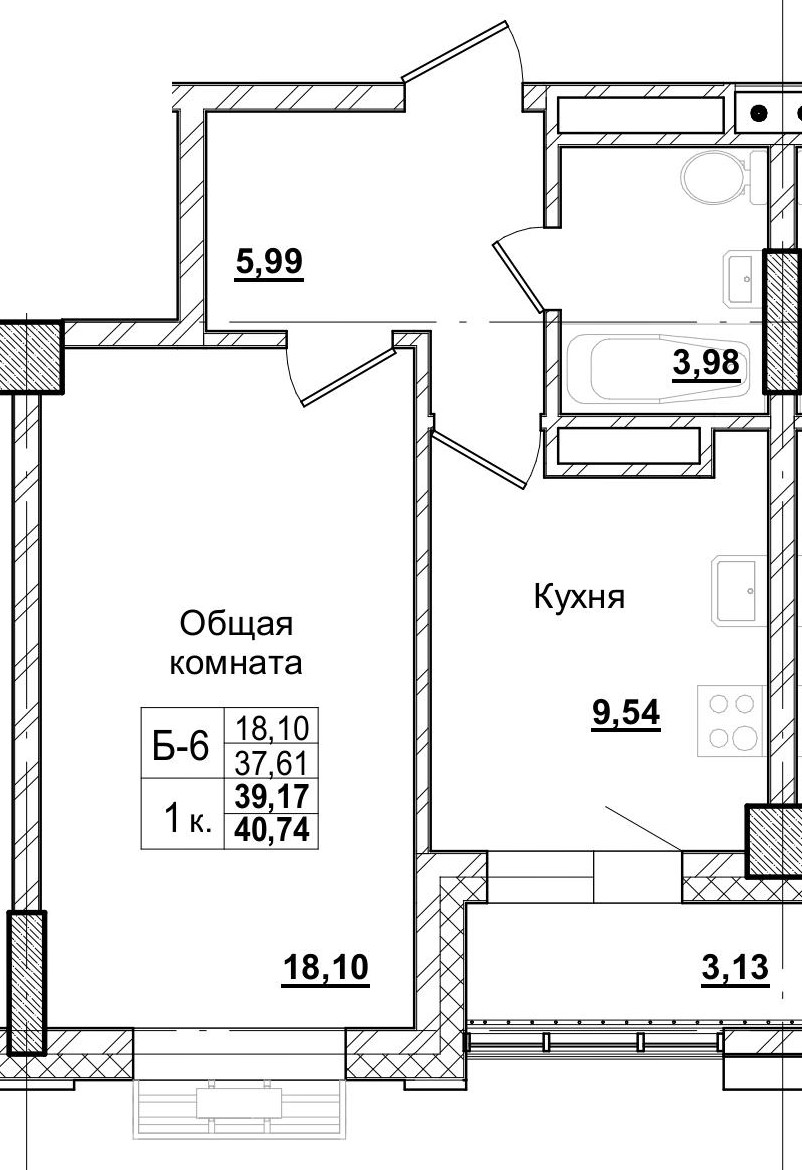 1 комн., 39.17 м²