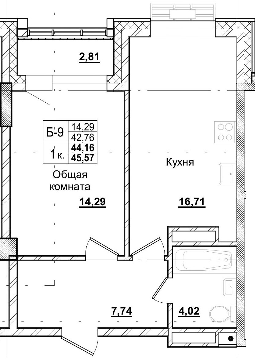 1 комн., 44.16 м²