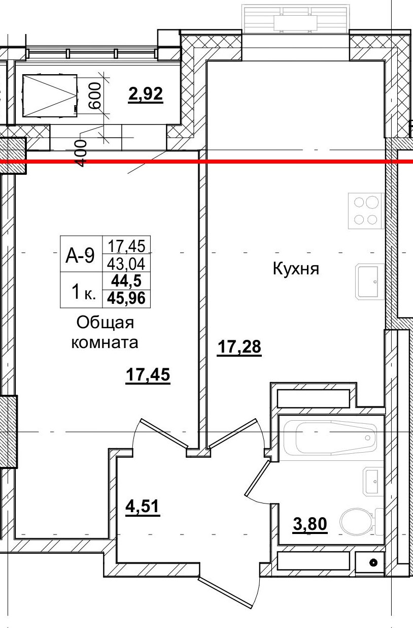 1 комн., 44.50 м²