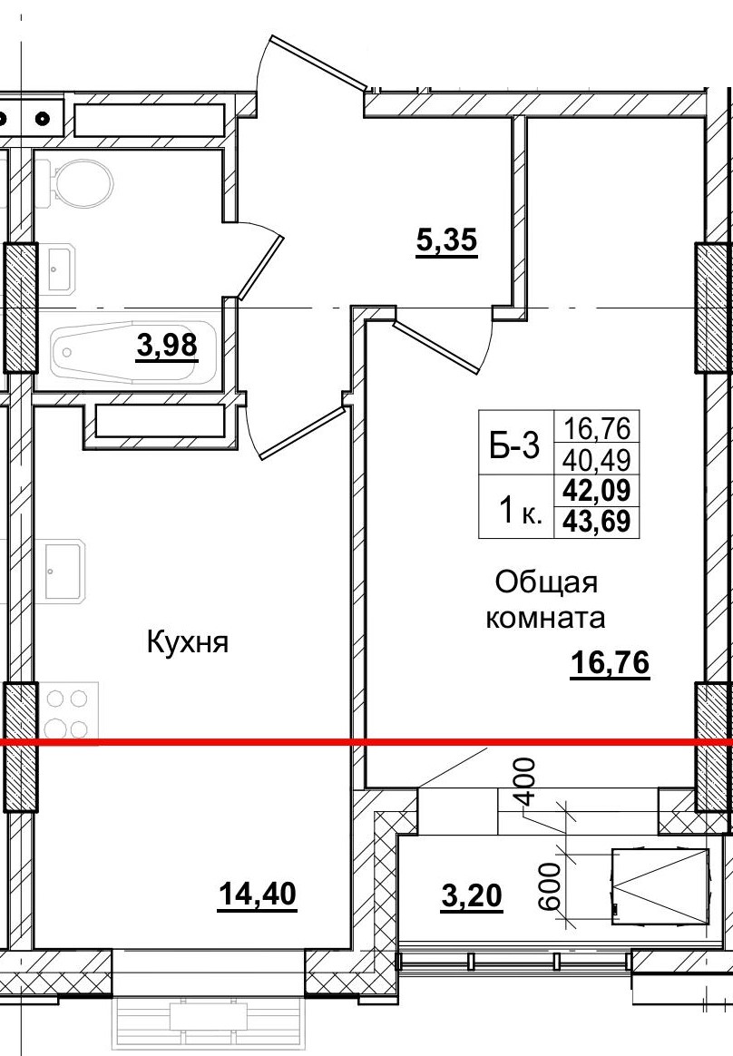 1 комн., 42.09 м²