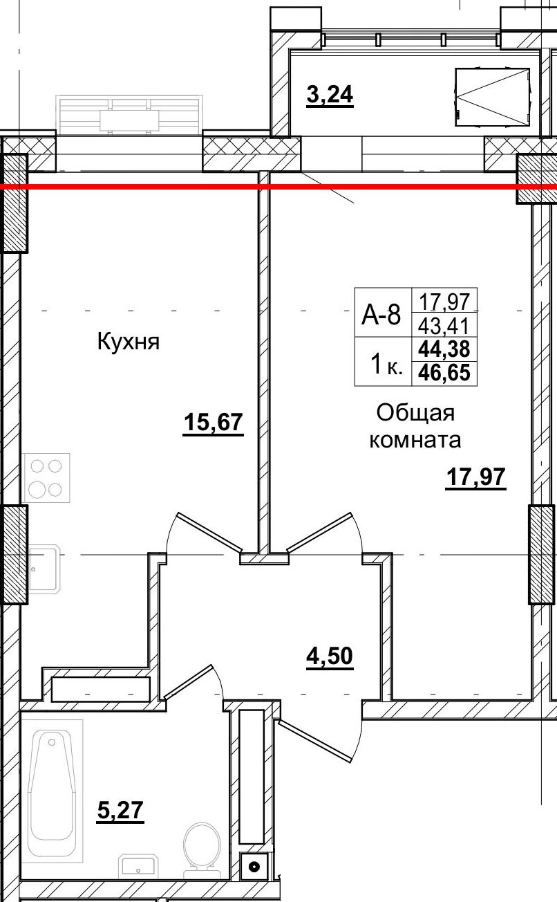 1 комн., 44.38 м²