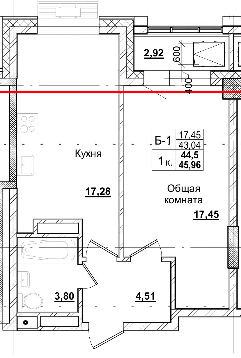 1 комн., 44.50 м²