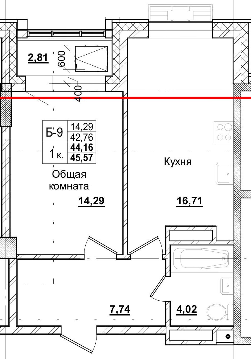 1 комн., 44.16 м²