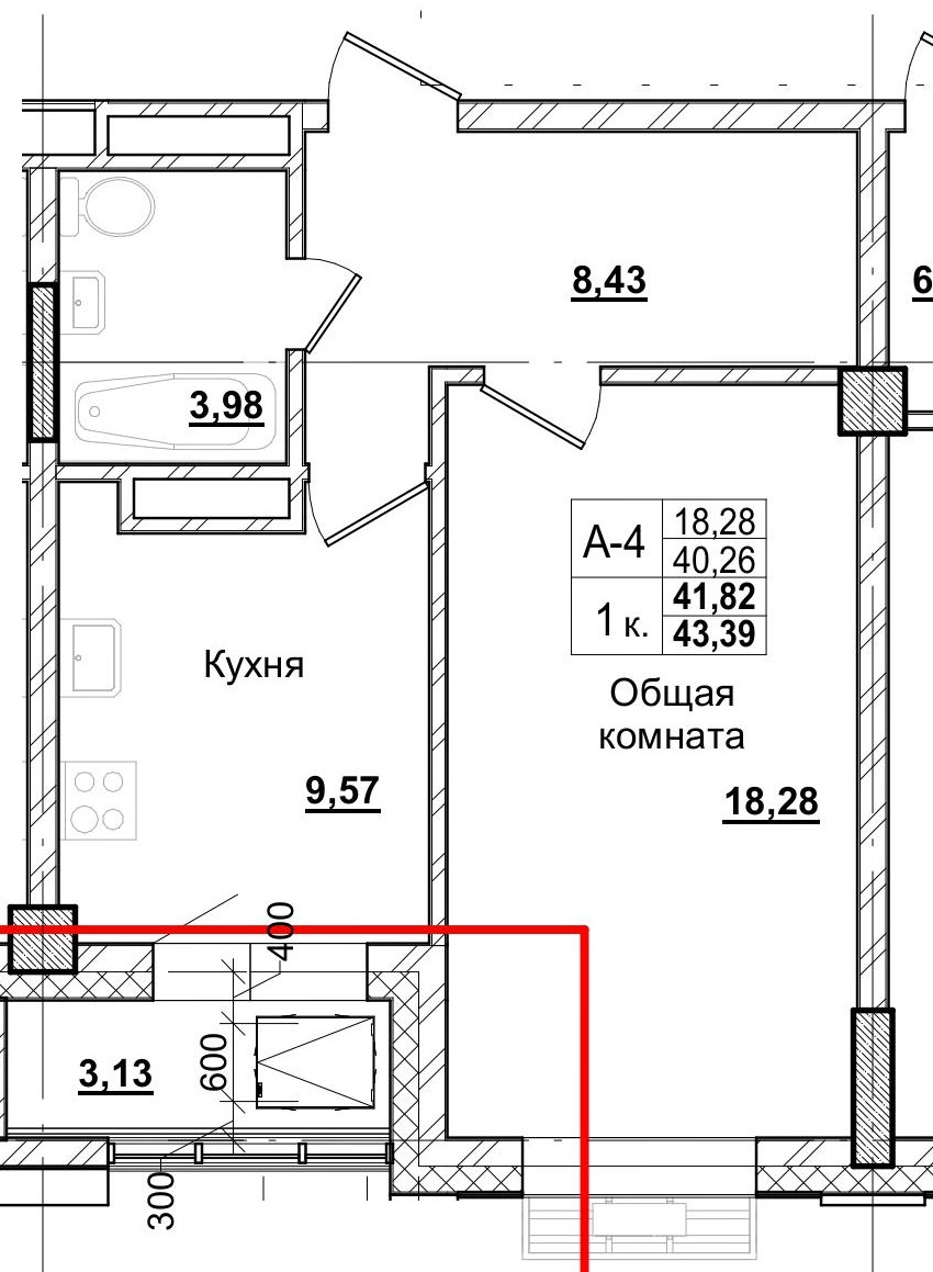 1 комн., 41.82 м²