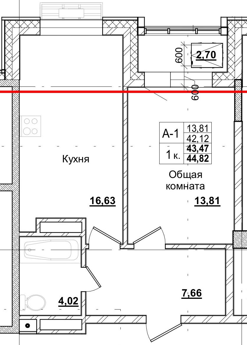 1 комн., 43.47 м²