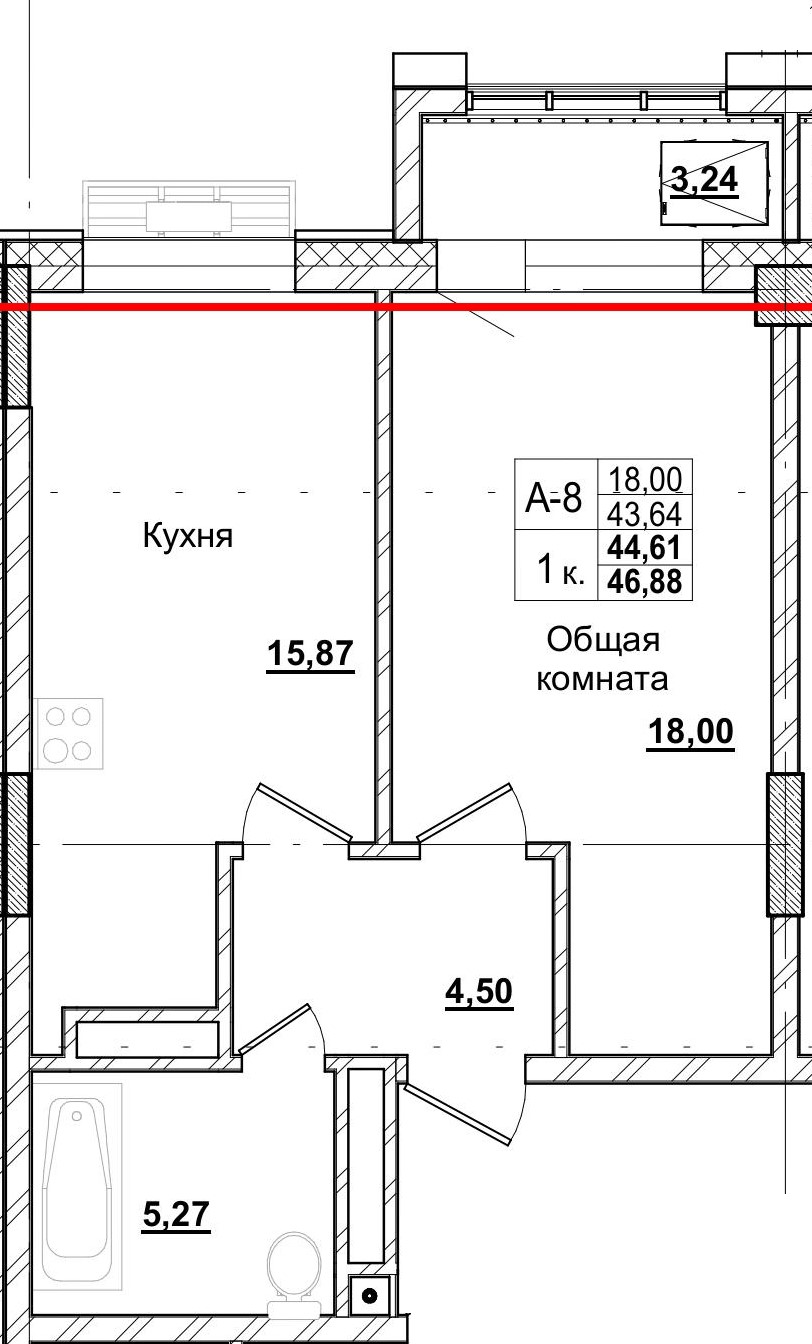 1 комн., 44.61 м²