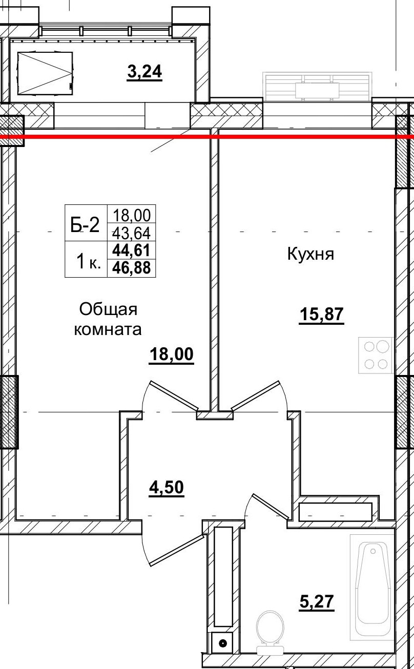 1 комн., 44.61 м²
