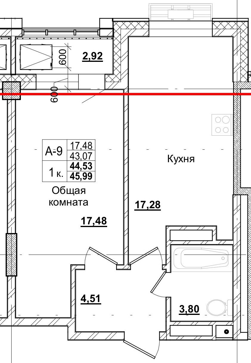1 комн., 44.53 м²
