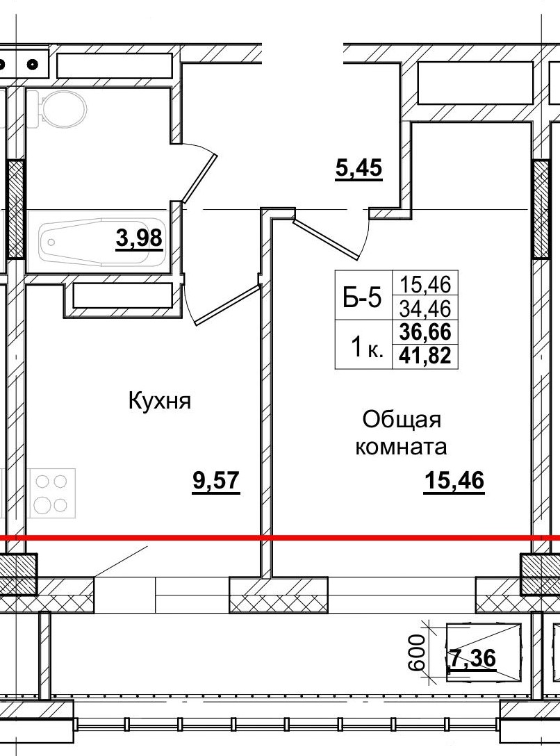 1 комн., 36.66 м²