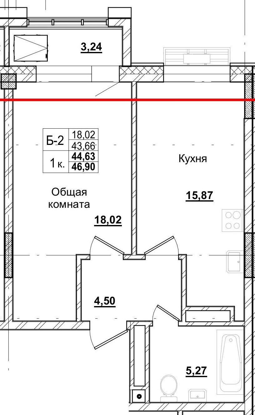 1 комн., 44.63 м²