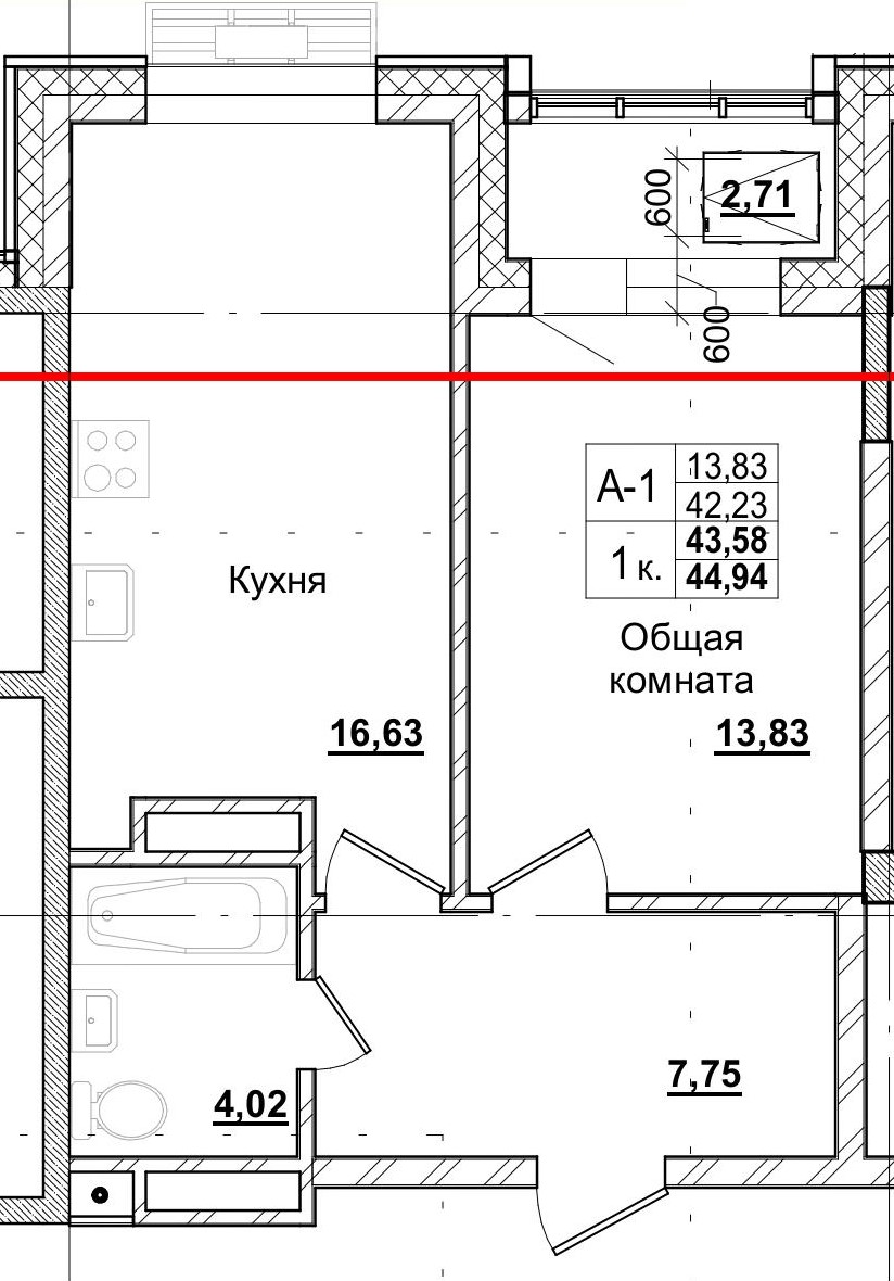 1 комн., 43.58 м²