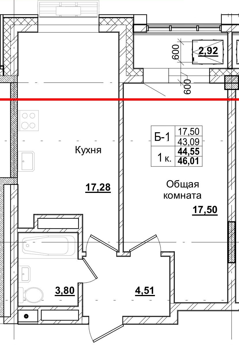 1 комн., 44.55 м²