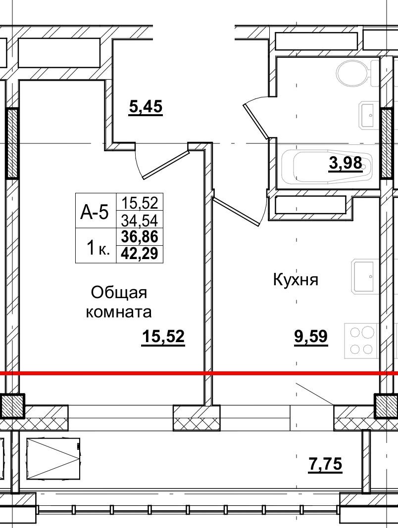 1 комн., 36.86 м²