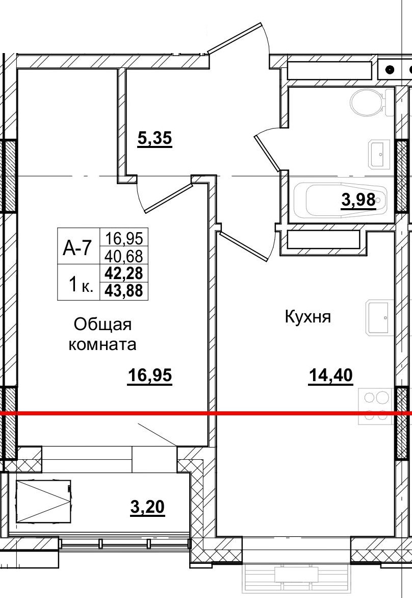 1 комн., 42.28 м²
