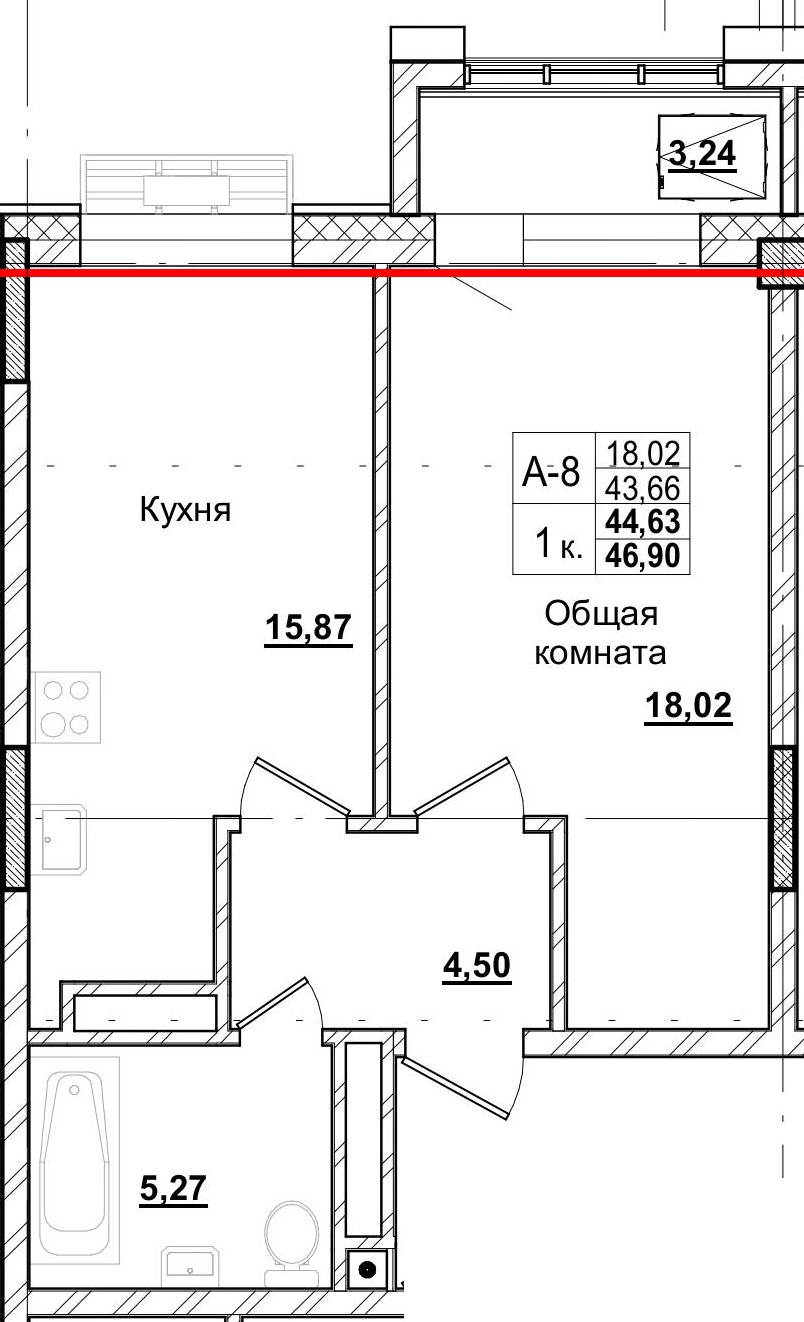 1 комн., 44.63 м²