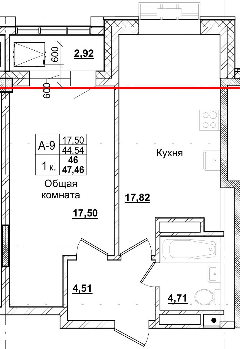 1 комн., 46.00 м²
