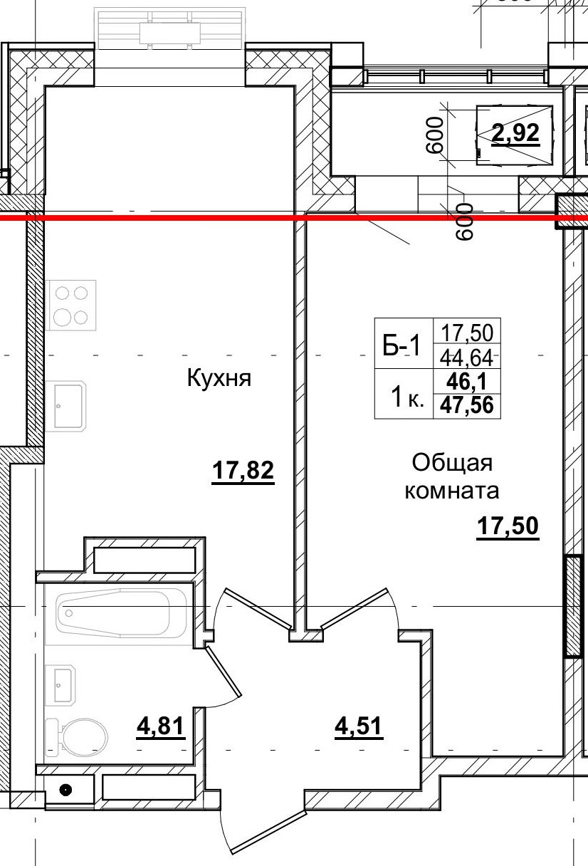 1 комн., 46.10 м²