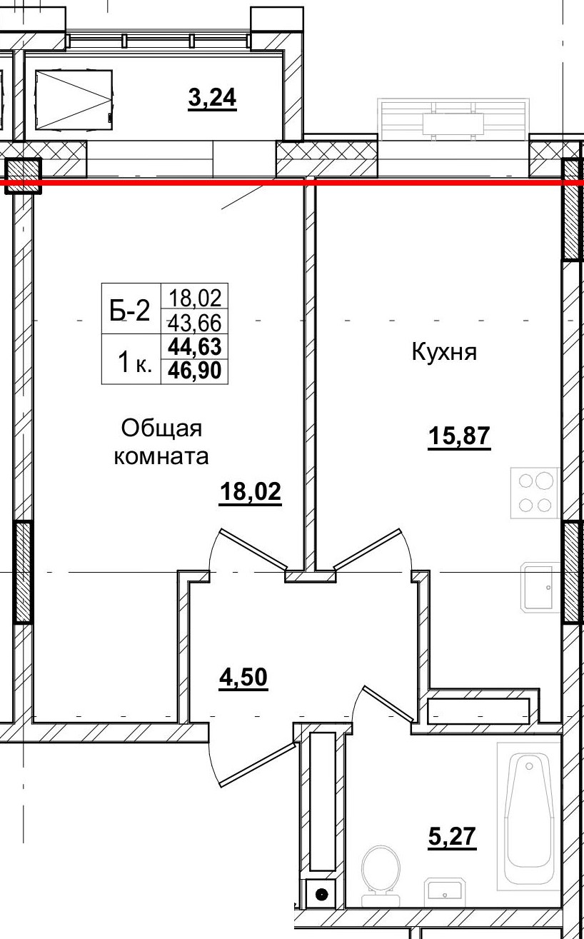 1 комн., 44.63 м²
