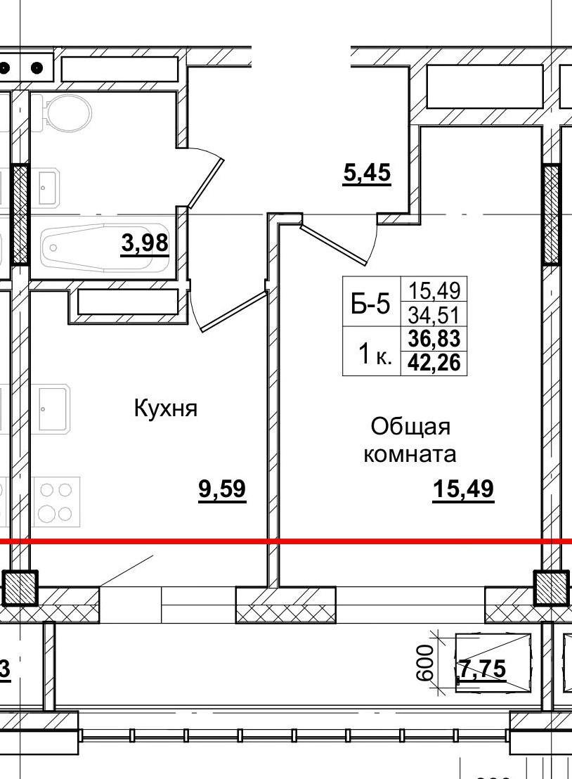 1 комн., 36.83 м²