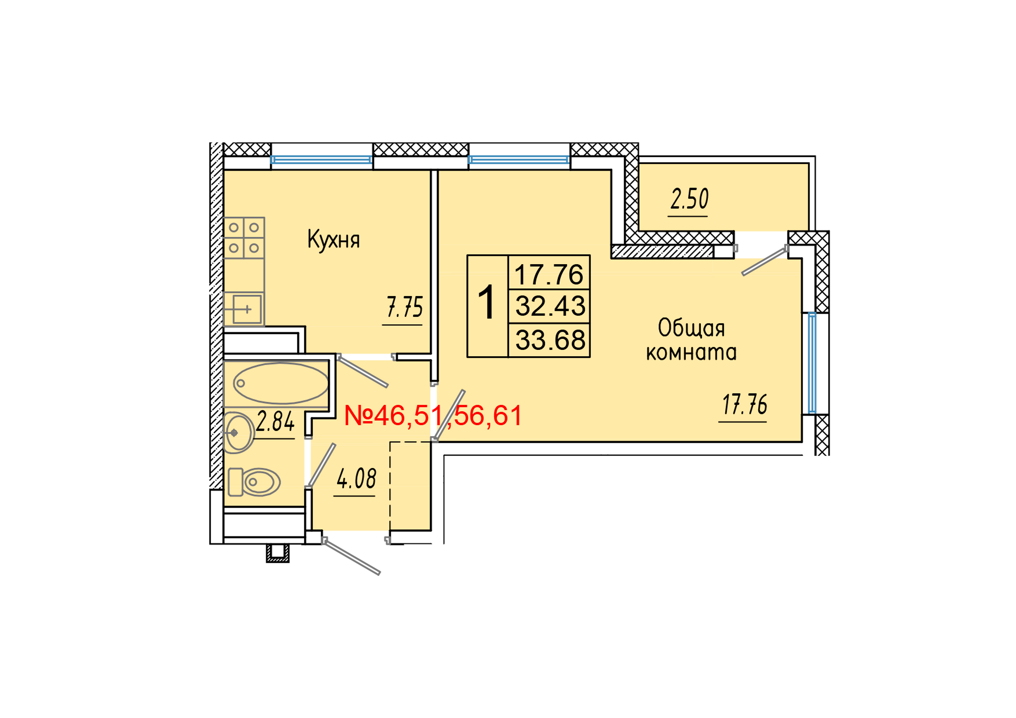 1 комн., 33.68 м²