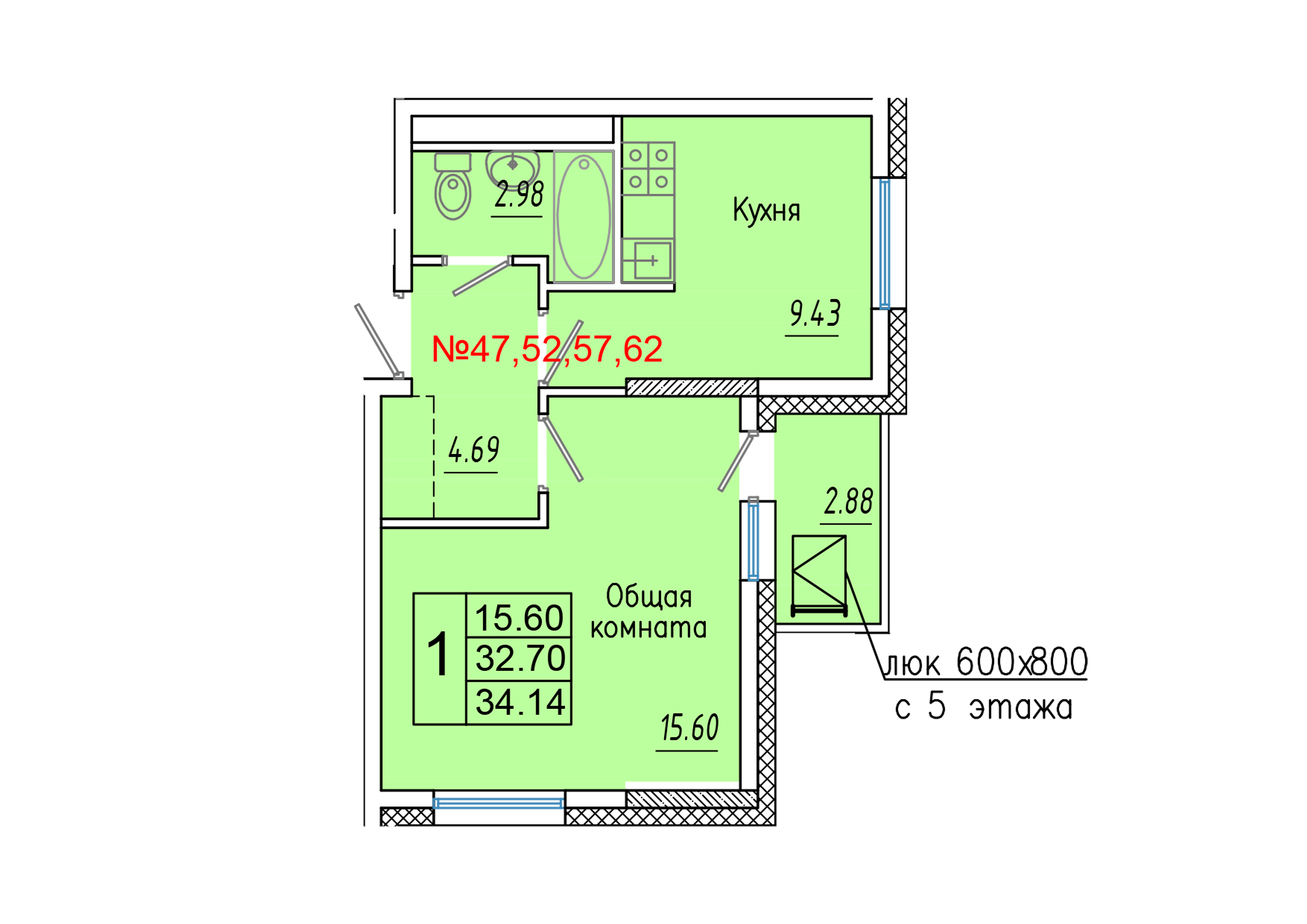 1 комн., 34.14 м²