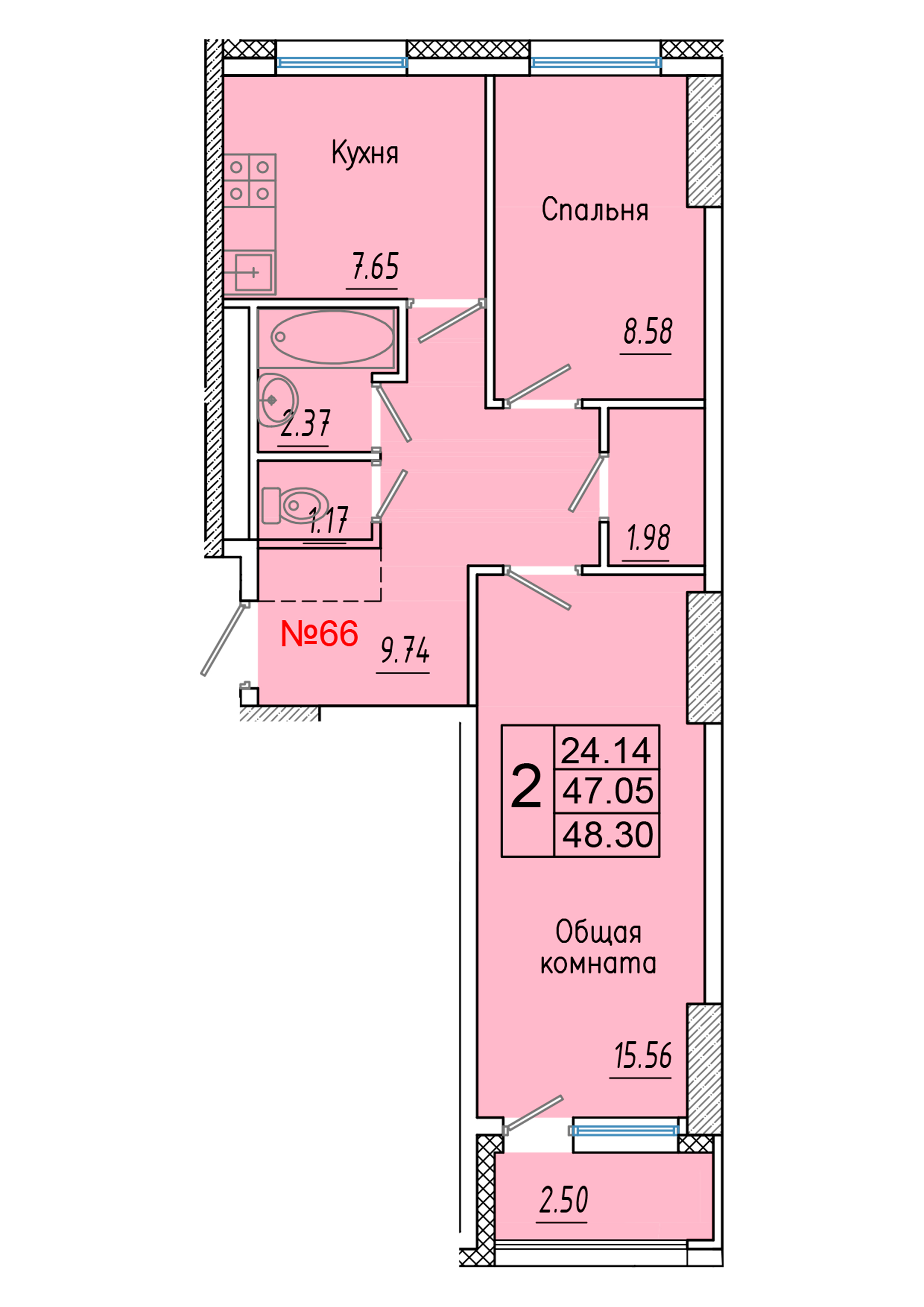 2 комн., 48.30 м²