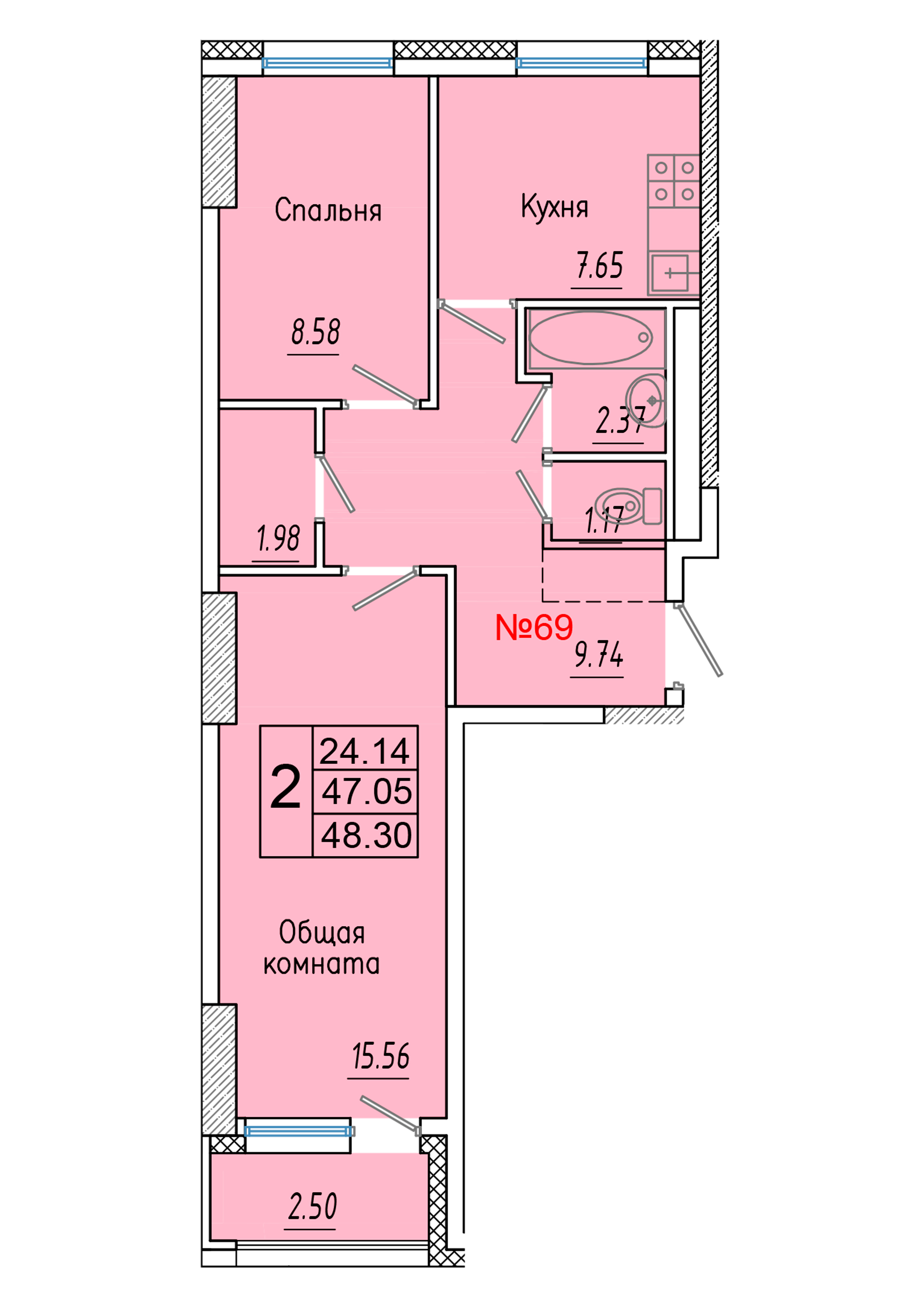 2 комн., 48.30 м²