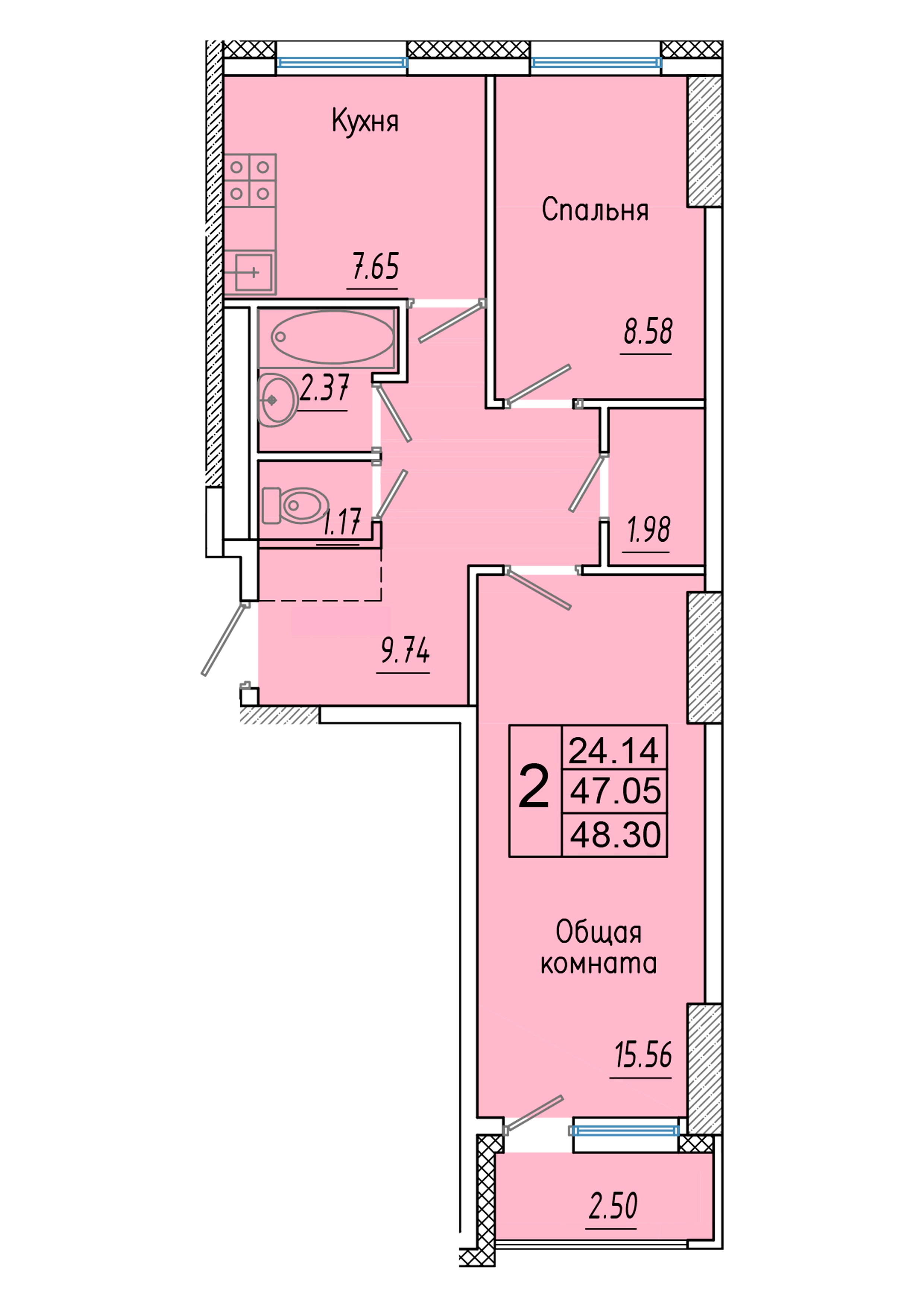 2 комн., 48.30 м²