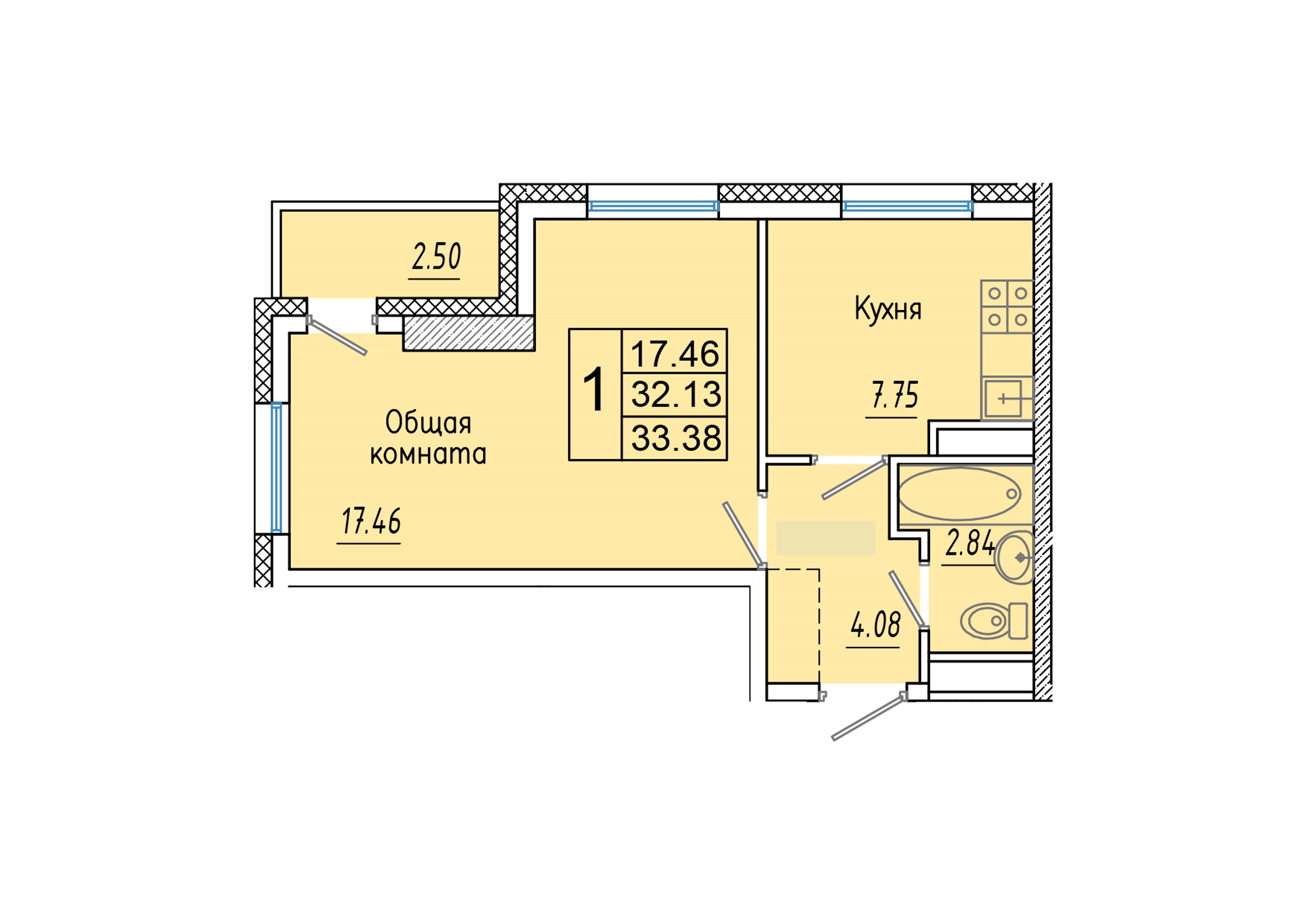 1 комн., 33.38 м²