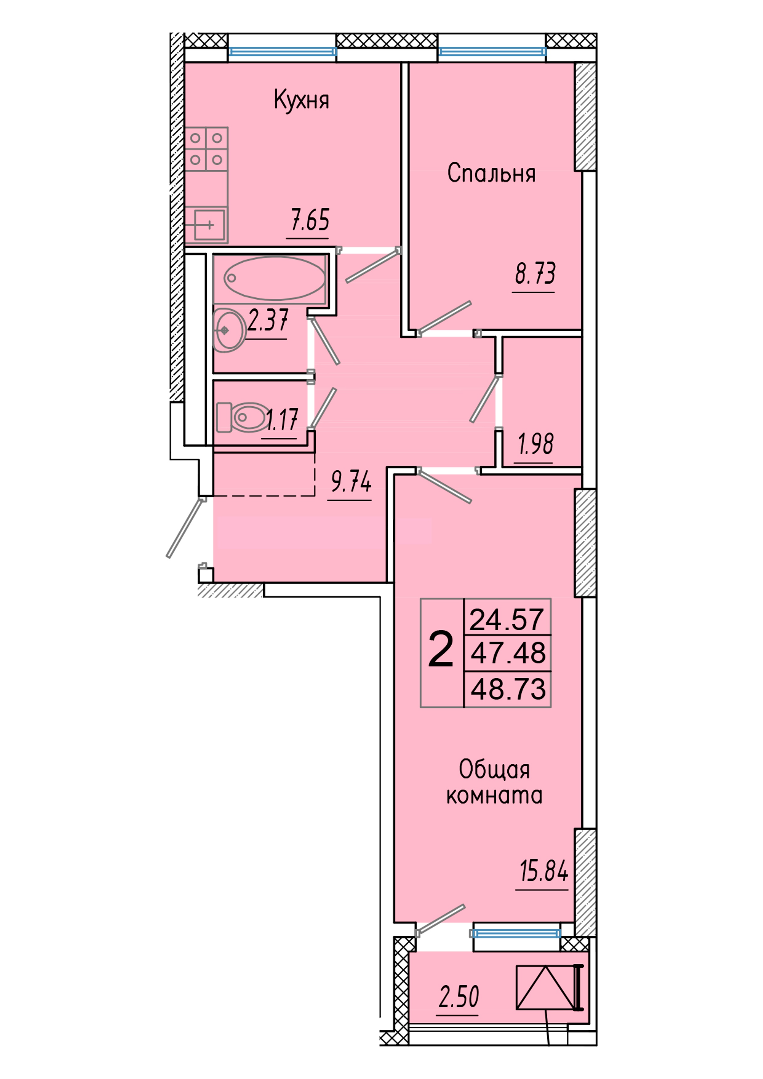 2 комн., 48.73 м²