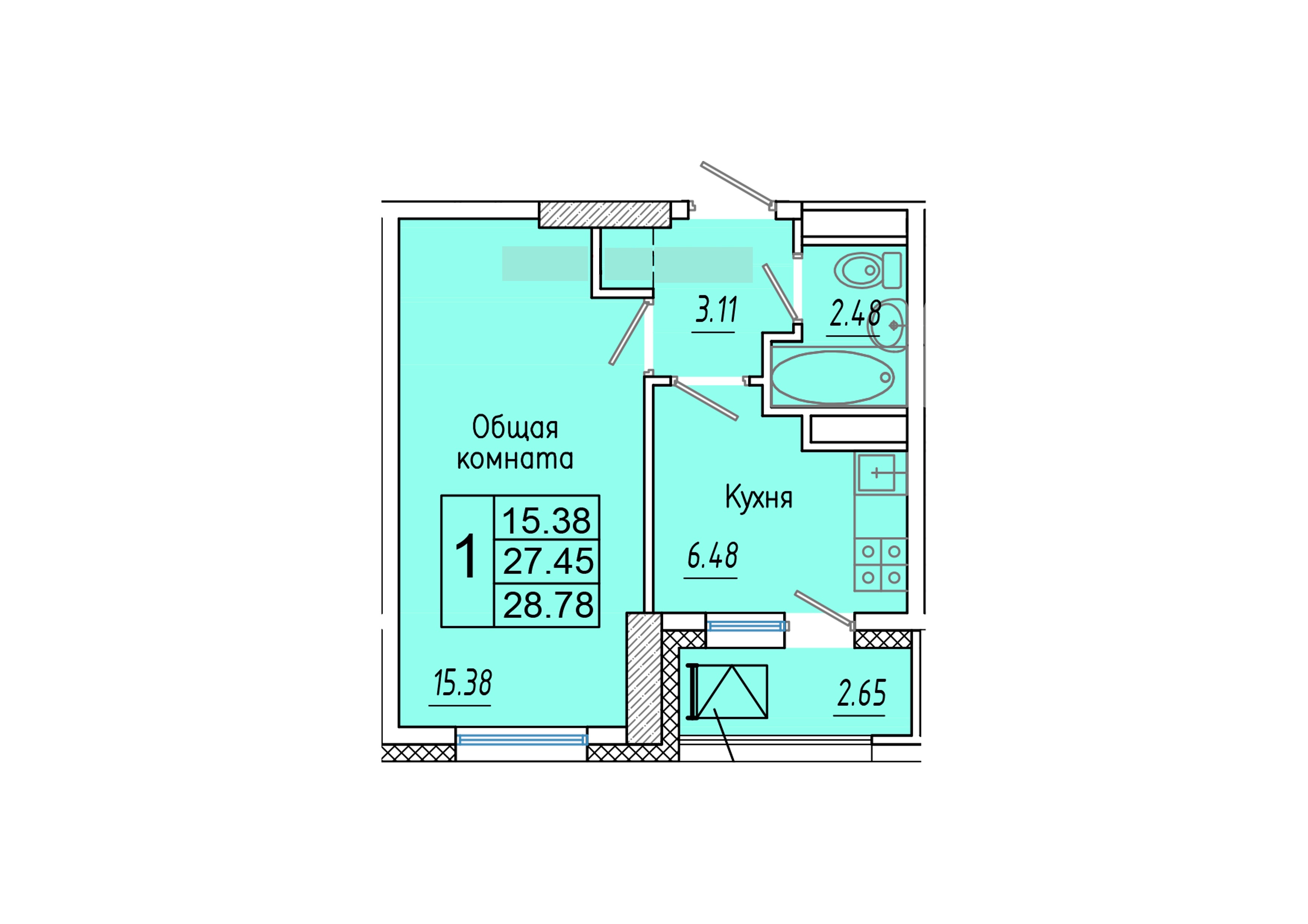 1 комн., 28.78 м²