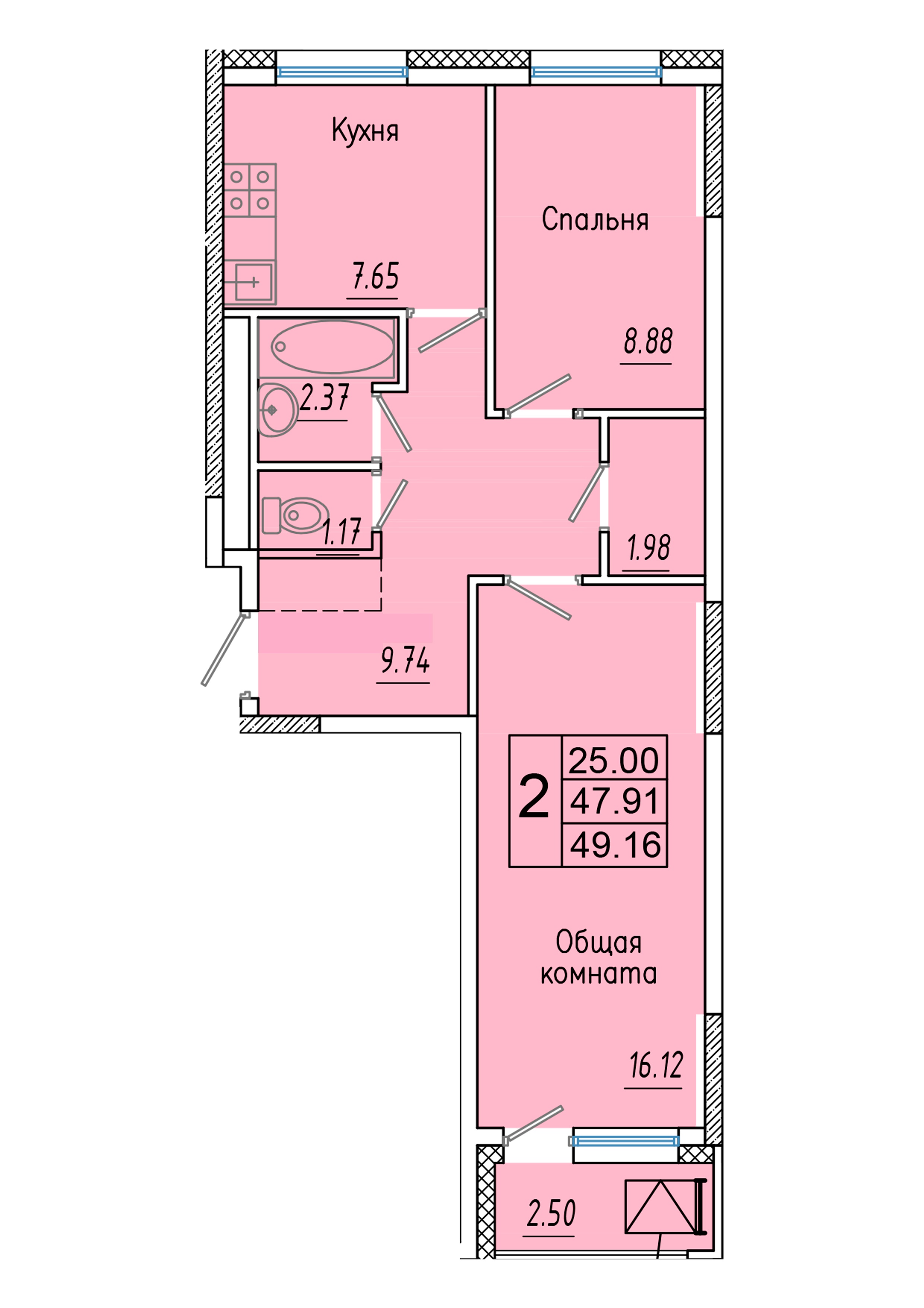 2 комн., 49.16 м²