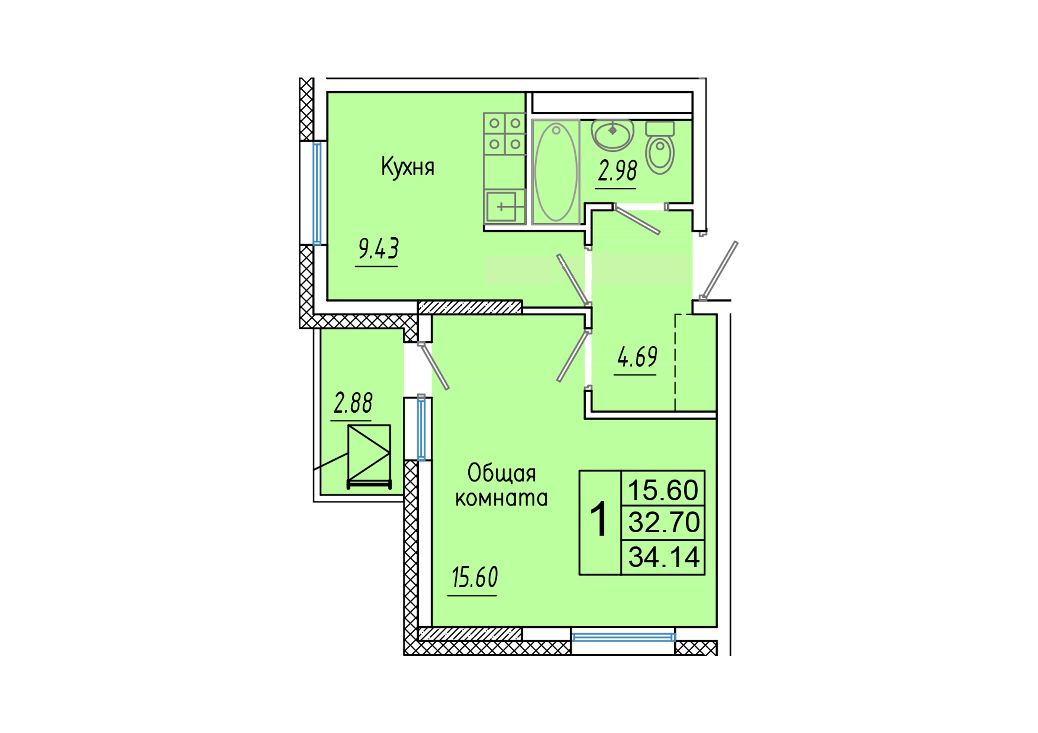 1 комн., 34.14 м²