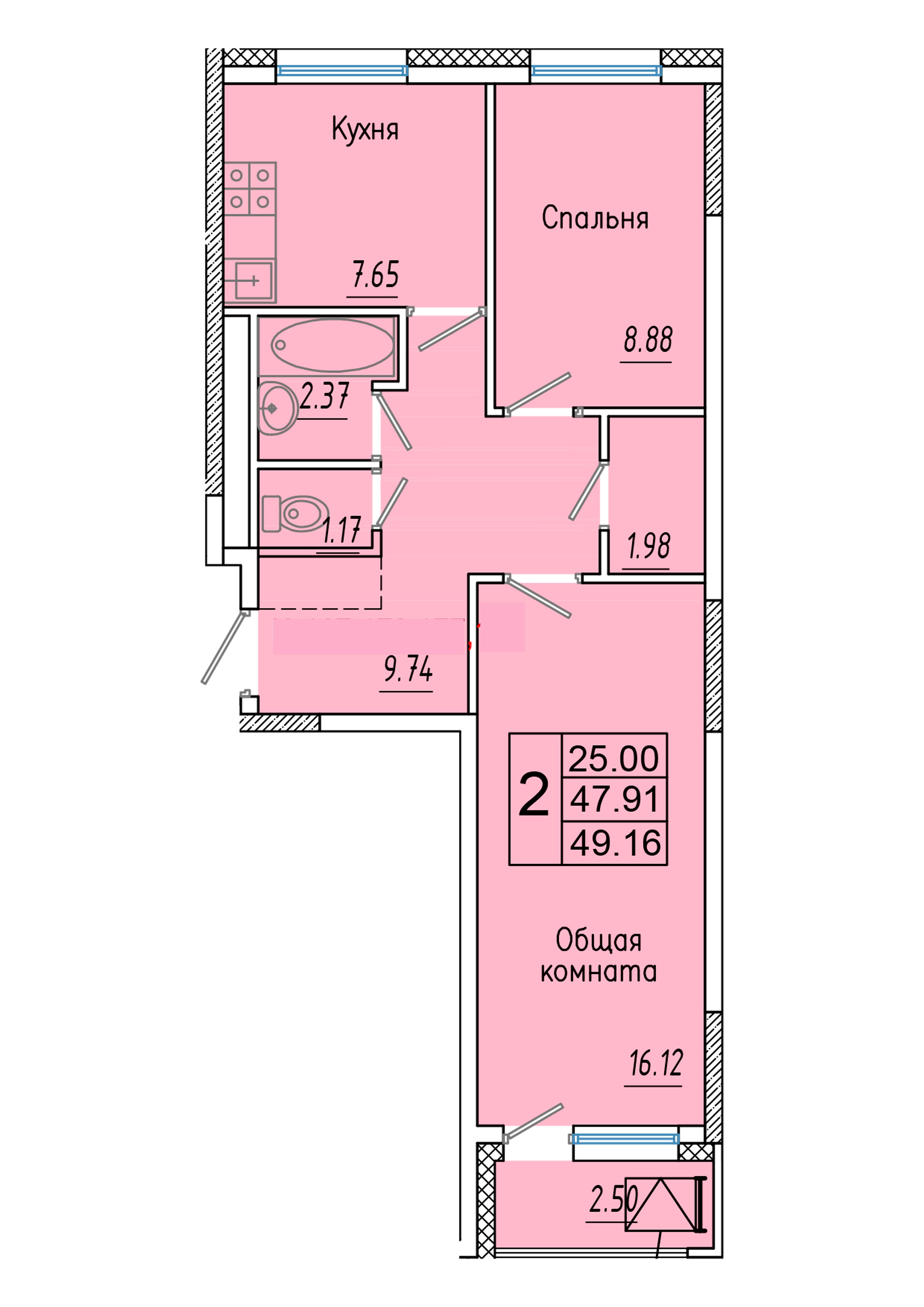 2 комн., 49.16 м²