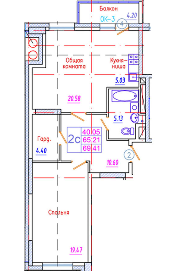 2 комн., 69.41 м²