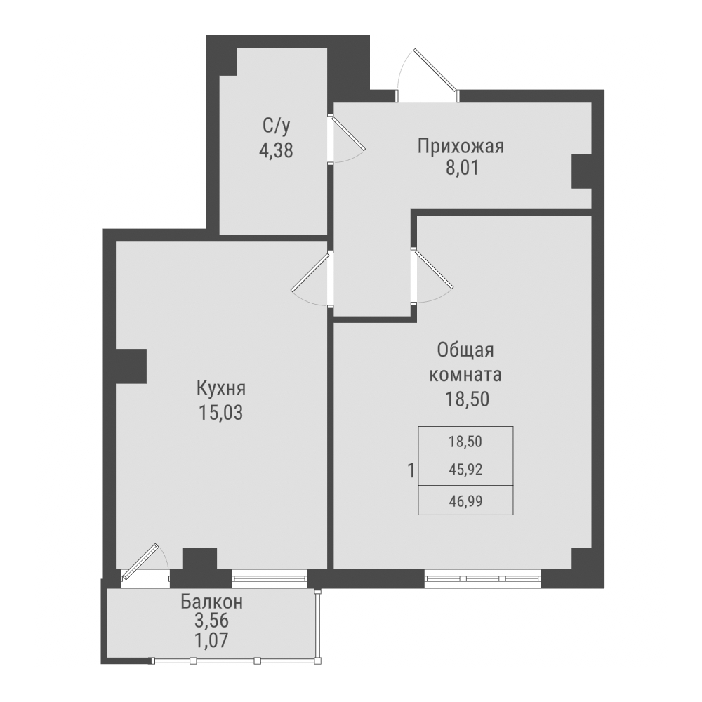 1 комн., 46.98 м²