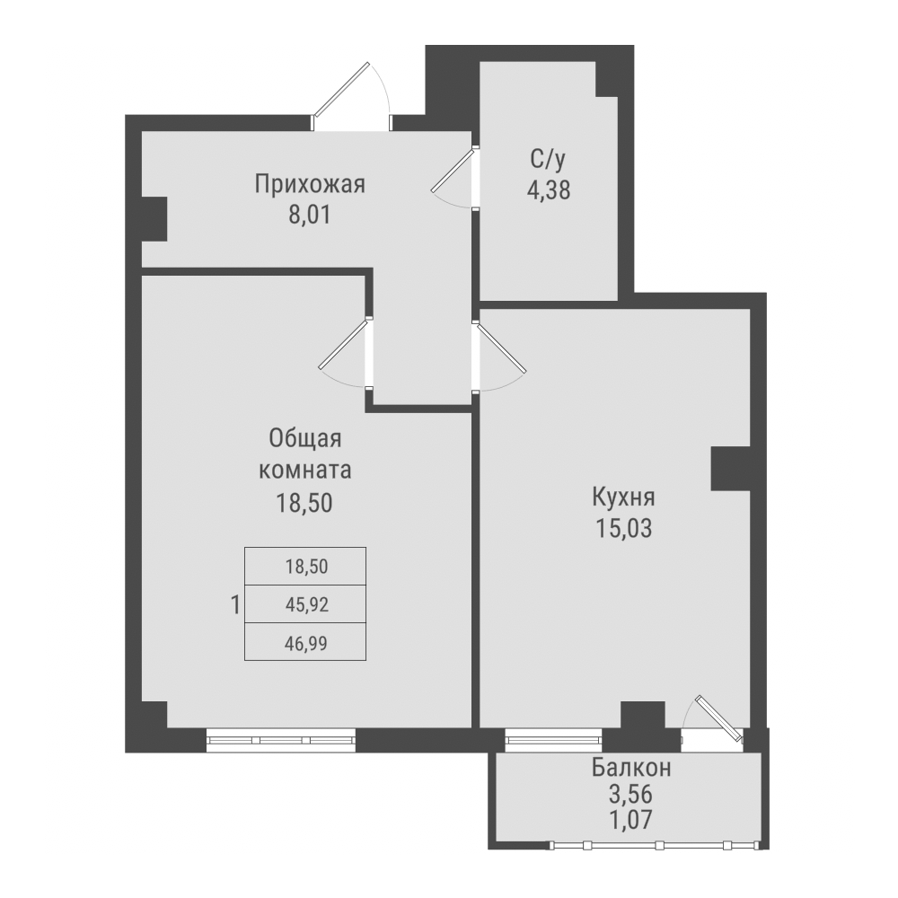 1 комн., 46.98 м²