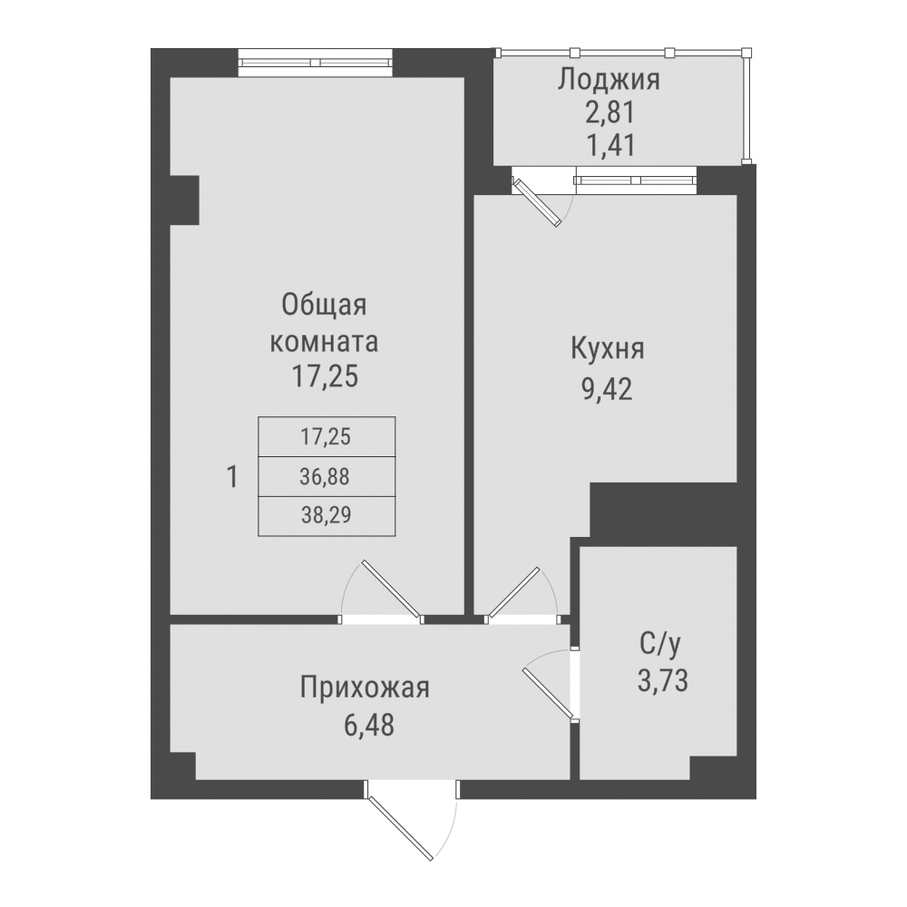 1 комн., 38.29 м²