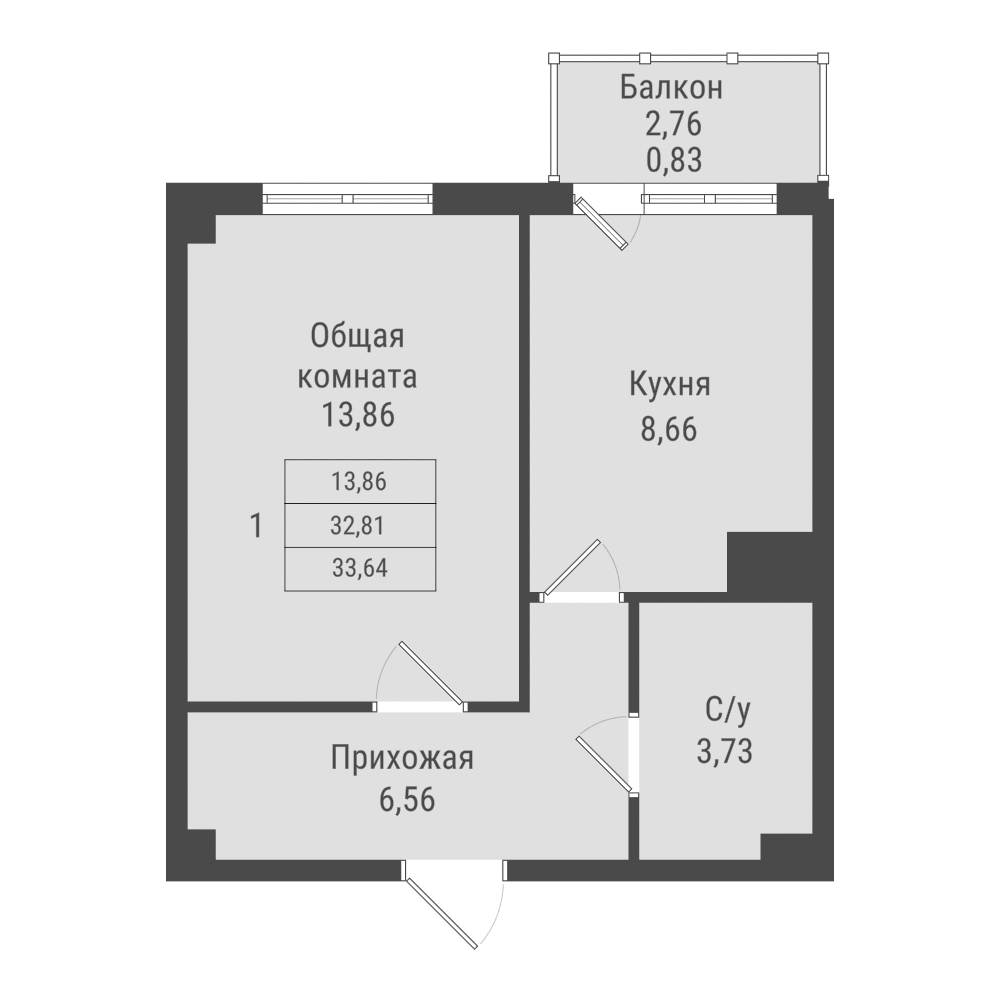 1 комн., 33.64 м²