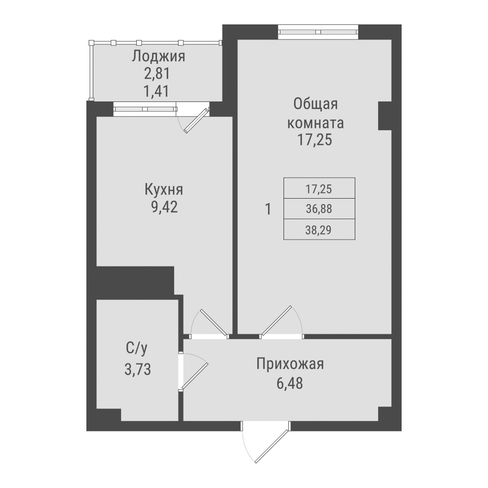 1 комн., 37.72 м²