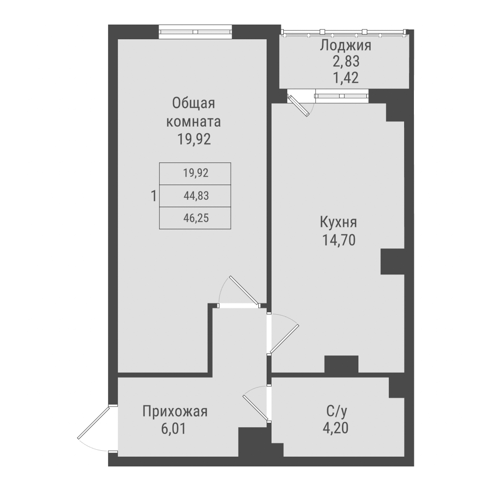 1 комн., 45.68 м²