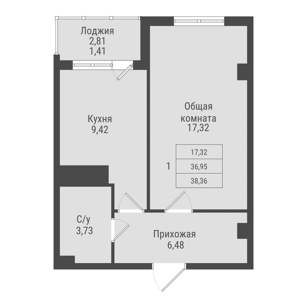 1 комн., 37.82 м²