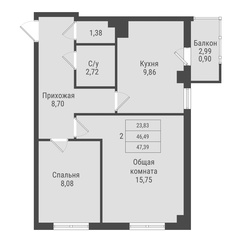 2 комн., 47.38 м²