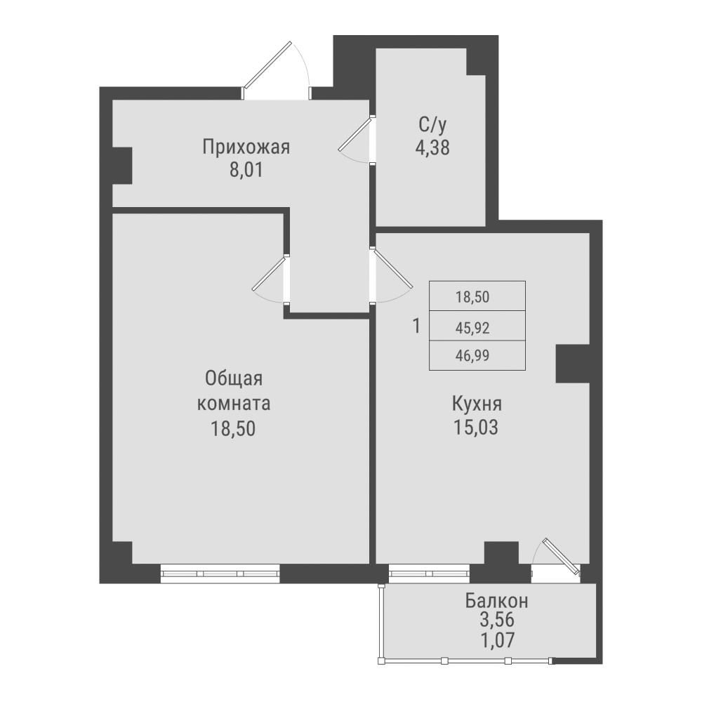 1 комн., 46.99 м²